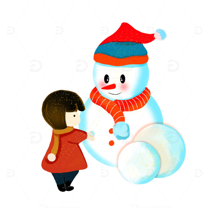 手绘圣诞小女孩和雪人