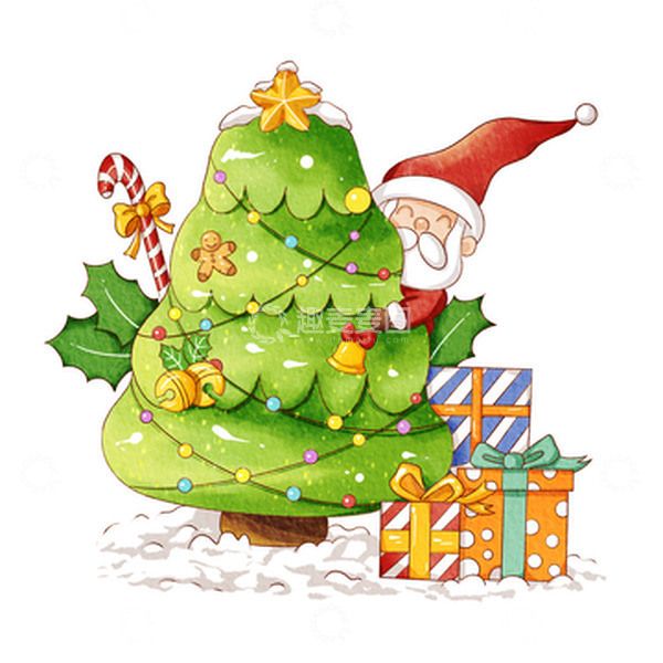 源文件下载【趣麦麦图】绿色水彩圣诞树下的礼物和圣诞老人手绘图