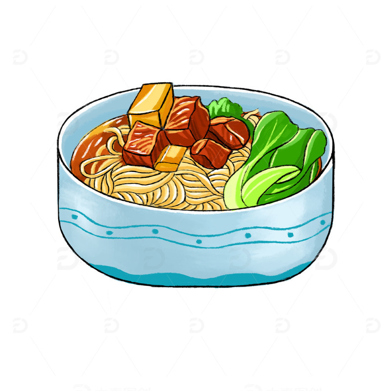 源文件下载【趣麦麦图】-青色国风国潮青菜牛肉面手绘图
