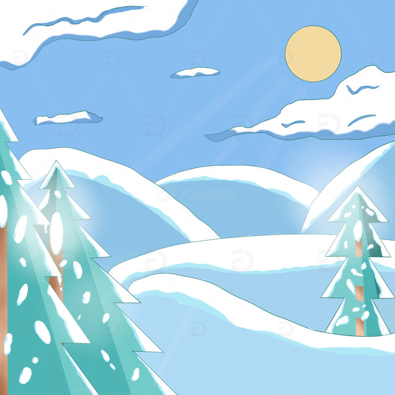蓝色扁平风冬天大雪手绘图