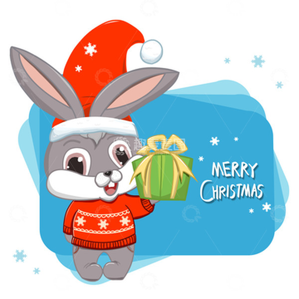 源文件下载【趣麦麦图】头戴圣诞帽子手拿礼物盒的兔子