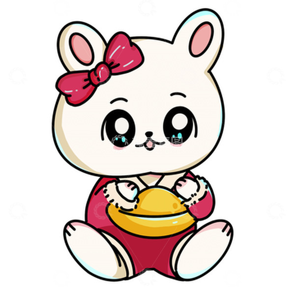 源文件下载【趣麦麦图】粉色蝴蝶结兔子抱金元宝卡通元素