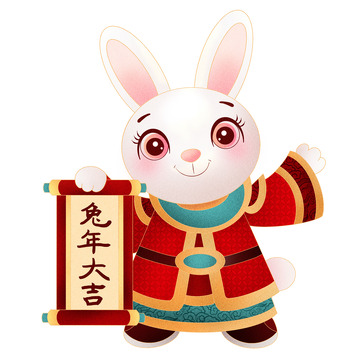 红色卡通中国风兔年生肖拿卷轴手绘图