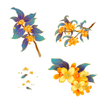 金秋秋季桂花手绘国潮插画元素
