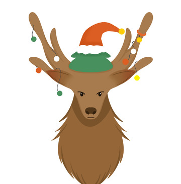 圣诞节 麋鹿 圣诞帽 彩灯 插画 手绘