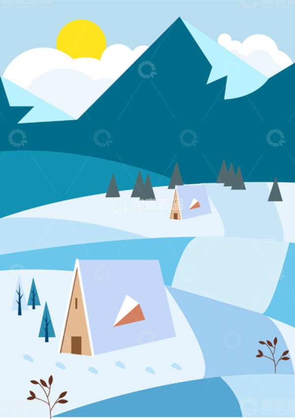 源文件下载【趣麦麦图】蓝色清新冬季风景手绘插画