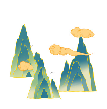 绿色 渐变 国潮山 黄色 云 插画