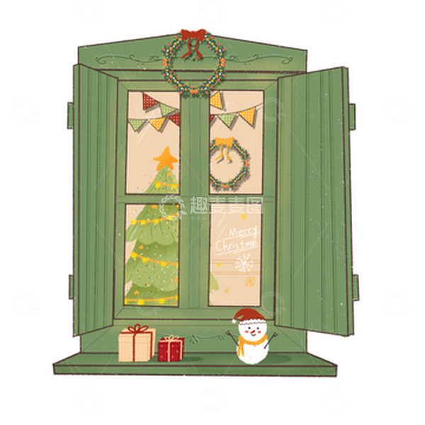 源文件下载【趣麦麦图】手绘复古圣诞节日窗户花环松树礼盒雪人彩旗