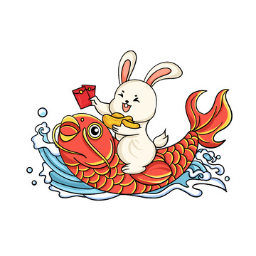 国潮喜庆年年有余手绘兔子元素.psd