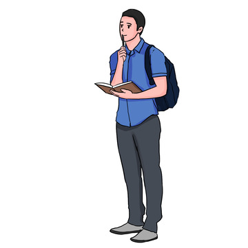 站立男思考学生书本笔记