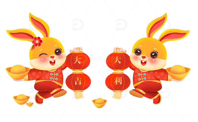 源文件下载【趣麦麦图】兔年新年春节兔子抱元宝迎财神