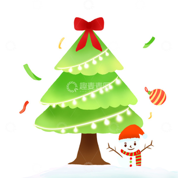源文件下载【趣麦麦图】扁平风圣诞树气氛灯光彩带雪人铃铛元素