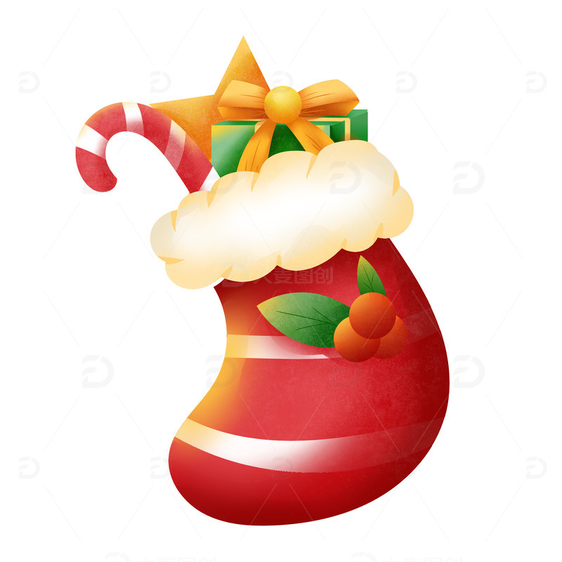 手绘圣诞节圣诞袜子礼物盒装饰元素