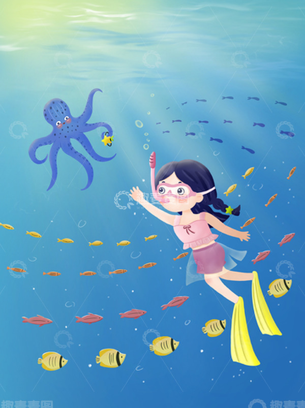 源文件下载【趣麦麦图】小清新手绘萌系插画&mdash;&mdash;海洋潜水女孩