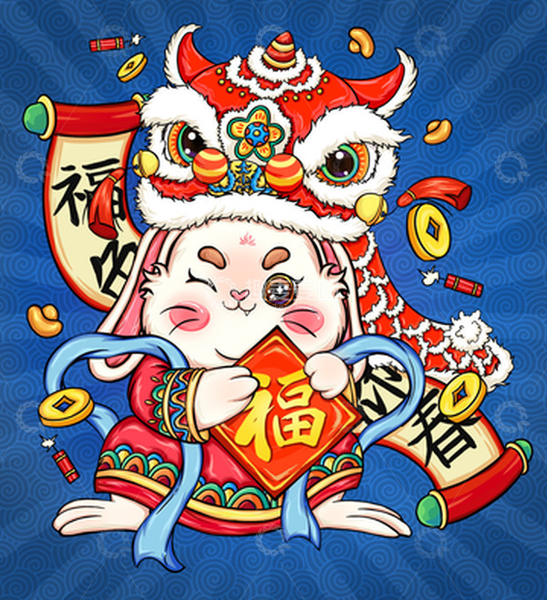 源文件下载【趣麦麦图】红色国潮插画风新年兔子兔年生肖手绘插画图