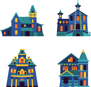 扁平插画风鬼屋别墅