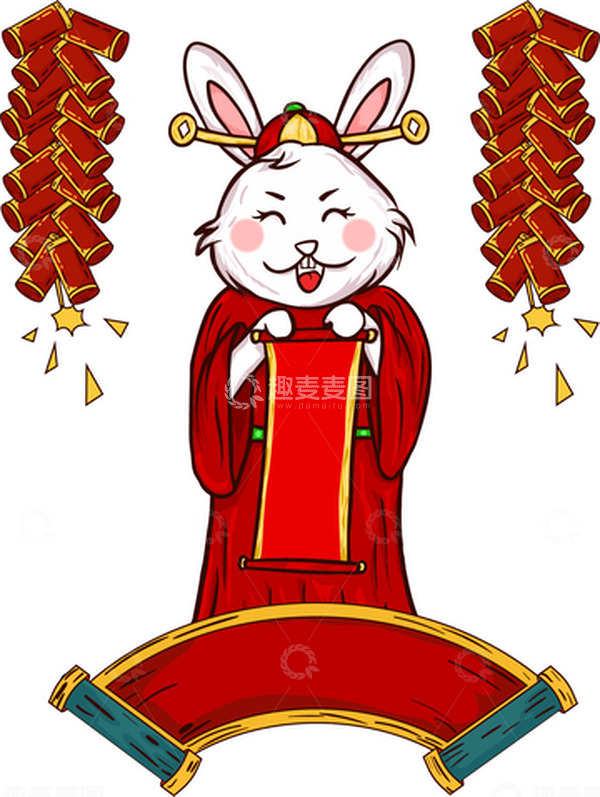源文件下载【趣麦麦图】-兔年兔财神举对联新年鞭炮