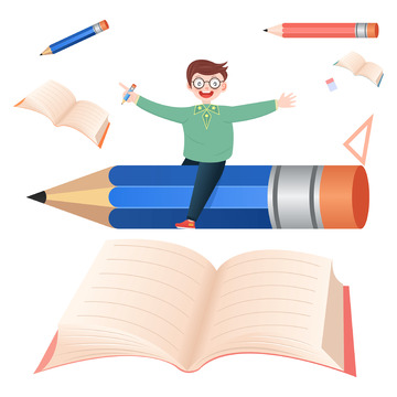 教育插画元素骑着铅笔的学霸小男孩
