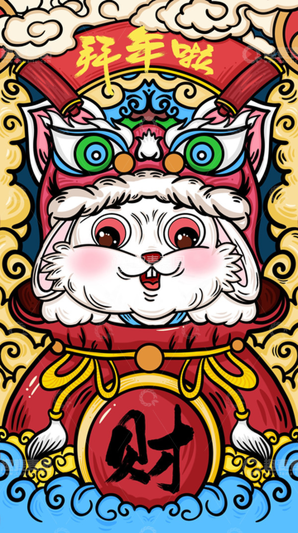 源文件下载【趣麦麦图】红色国潮风兔年生肖舞狮吉祥拜年手绘插画