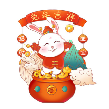 红色喜庆聚宝盆兔年生肖