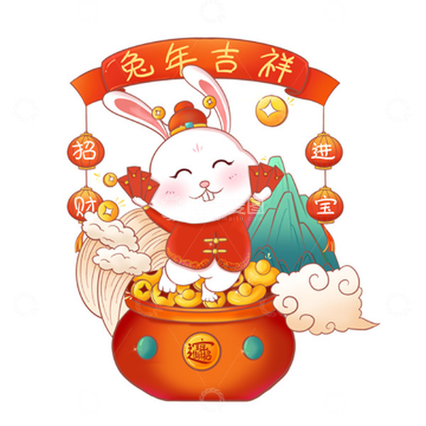 源文件下载【趣麦麦图】红色喜庆聚宝盆兔年生肖