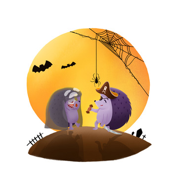 手绘卡通动物之相爱的刺猬万圣节之夜