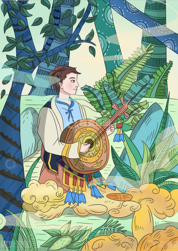 源文件下载【趣麦麦图】热带雨林傣族奏曲西双版纳特色手绘图