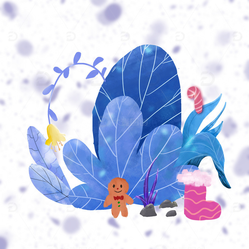 冬天下雪雪花紫色草丛场景图手绘