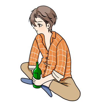 简约盘腿而坐借酒消愁的少年手绘图