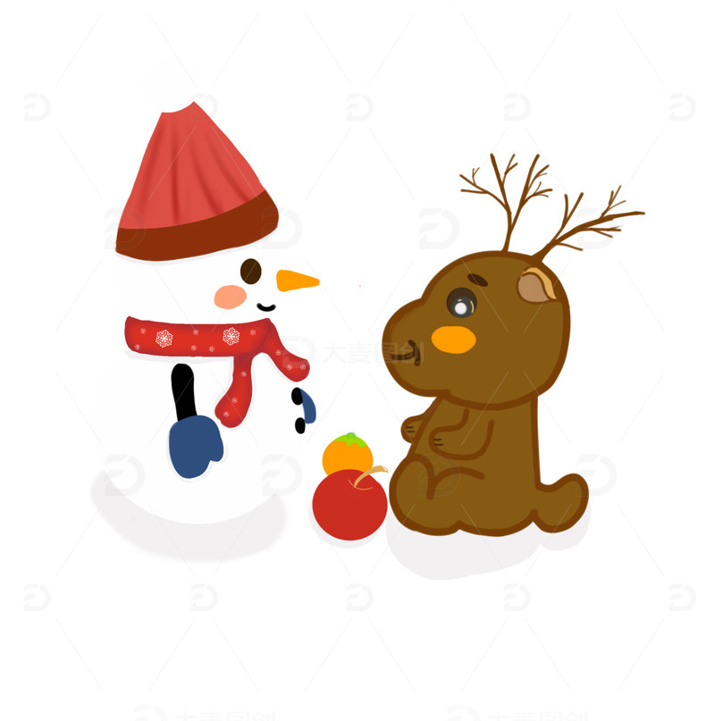 一起玩耍的麋鹿和雪人