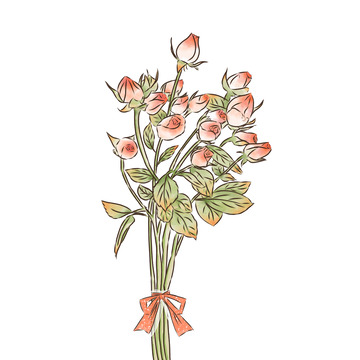 手绘复古风水彩玫瑰花苞蝴蝶结文艺花束插画