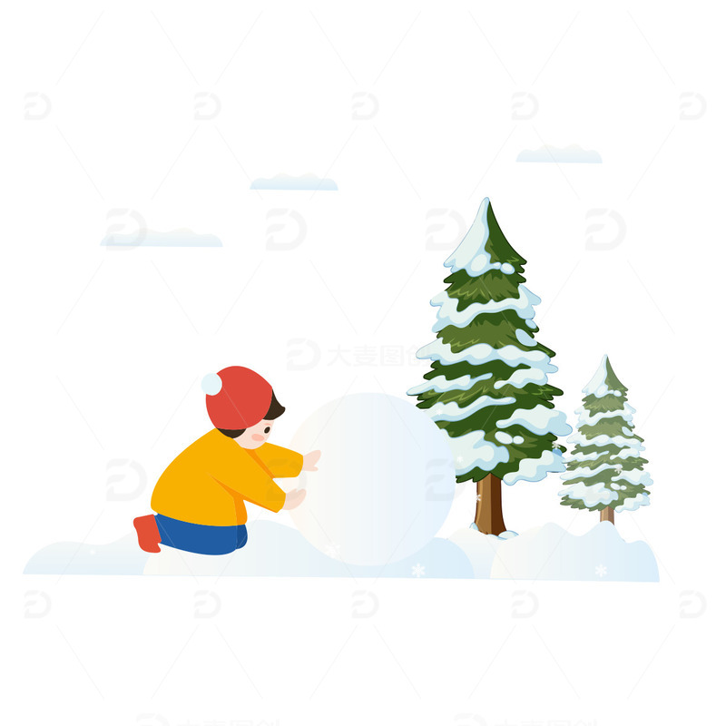 源文件下载【趣麦麦图】冬天下雪人物滚雪球手绘插画