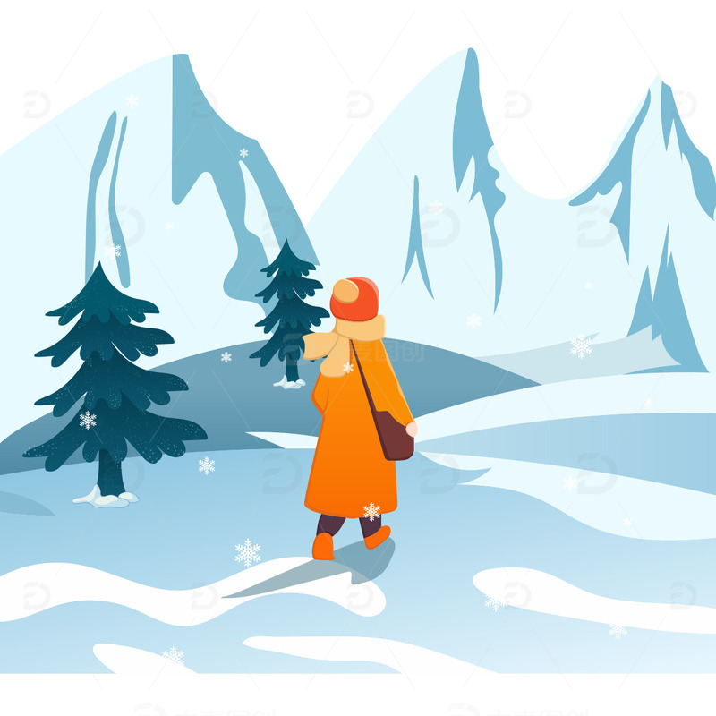 源文件下载【趣麦麦图】冬天雪花雪山人物背影插画