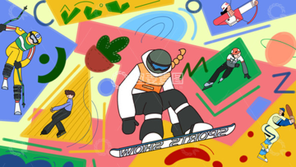 源文件下载【趣麦麦图】-粉色蓝色小清新冬季运动插画手绘图