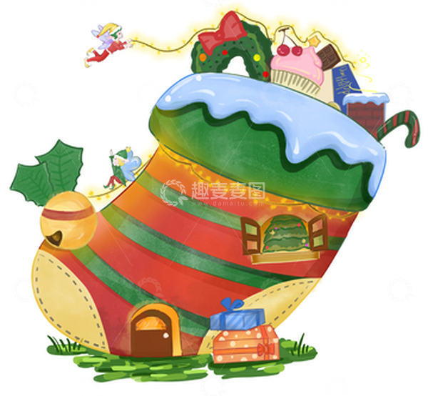 源文件下载【趣麦麦图】红绿欢乐圣诞节小精灵礼物盒铃铛手绘插画