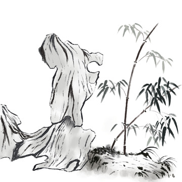 淡墨古风水墨竹子假山