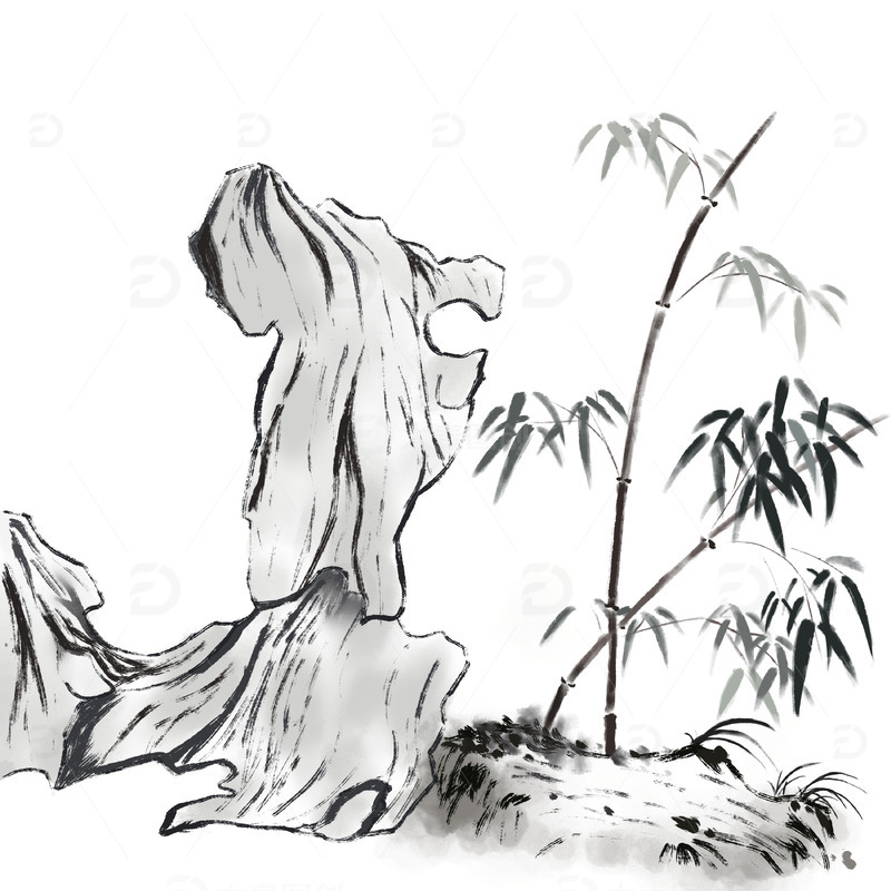 淡墨古风水墨竹子假山