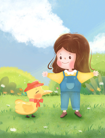 春天里的小姑娘和小鸭子