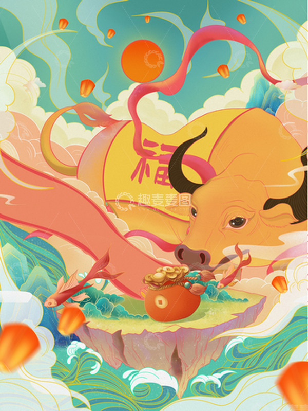 源文件下载【趣麦麦图】绿色国风新年插画