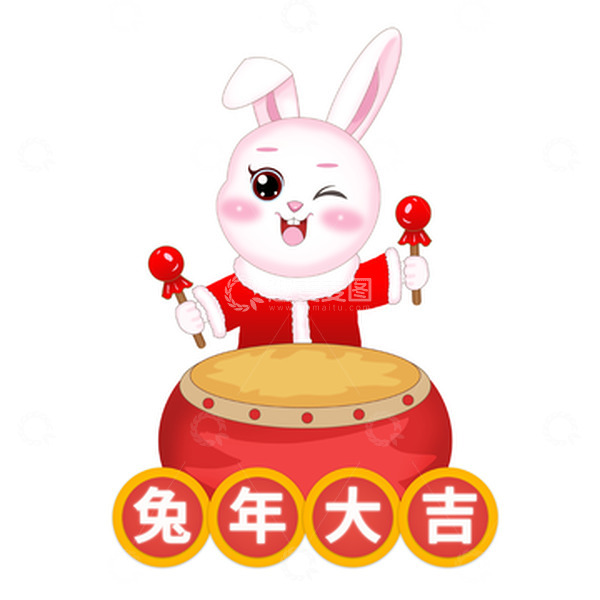 源文件下载【趣麦麦图】兔年手绘红色兔子打鼓