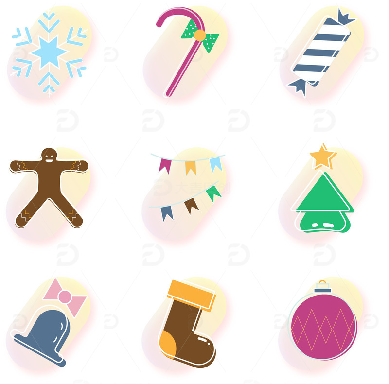 源文件下载【趣麦麦图】莫兰迪小清新圣诞节拐杖铃铛雪花糖果元素