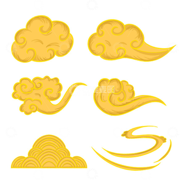 源文件下载【趣麦麦图】国潮风 云 金色 插画 元素 手绘