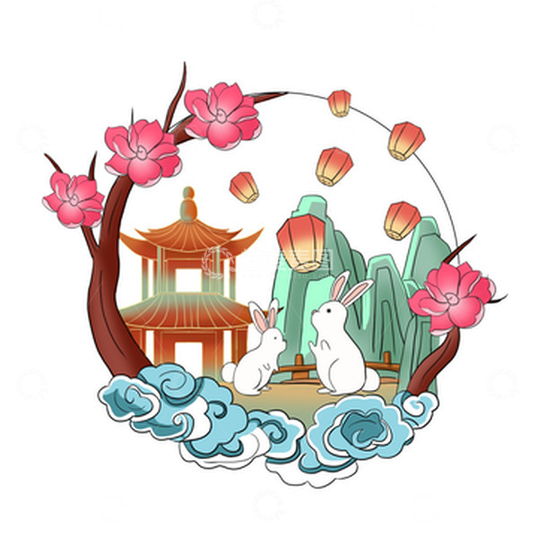 源文件下载【趣麦麦图】手绘古风玉兔扁平风楼阁花朵插画