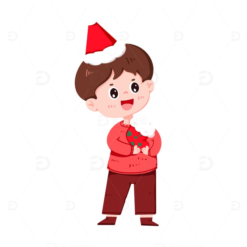 手绘男孩圣诞节抱着礼物开心元素