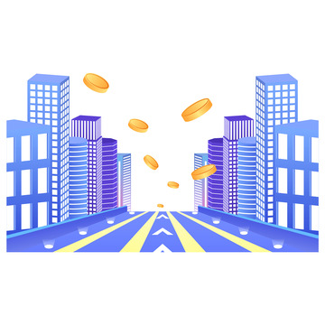 蓝色渐变3D立体建筑电商大促横版插画