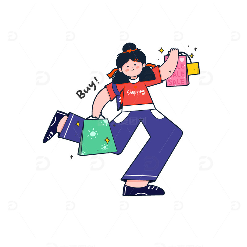 扁平描边可爱女孩购物人物插画素材