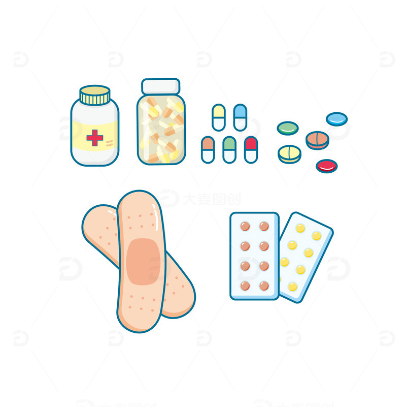 卡通风格医疗素材药品药瓶创可贴