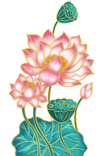 国潮复古风国风荷花荷叶莲蓬手绘元素