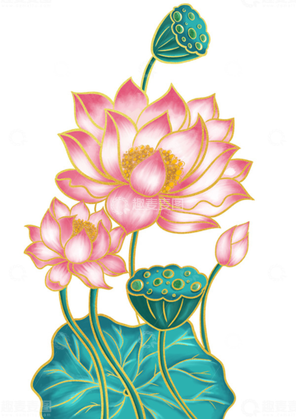 源文件下载【趣麦麦图】国潮复古风国风荷花荷叶莲蓬手绘元素