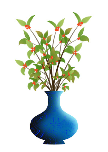 蓝色花瓶插花手绘